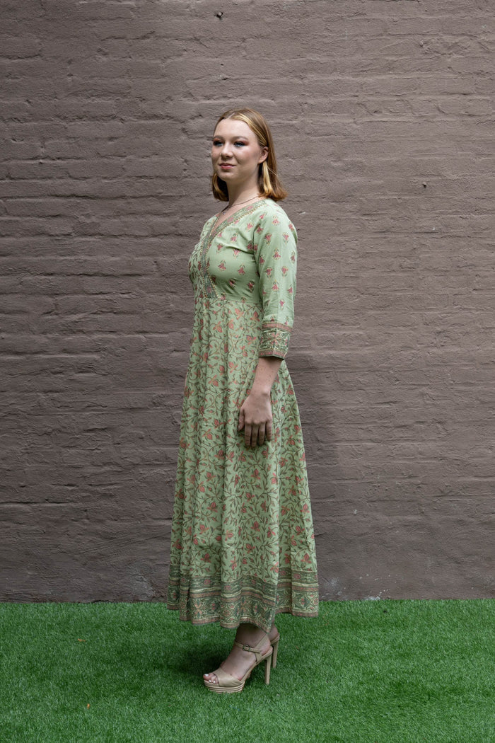Cotton Block Printed Light Olive Green Gown