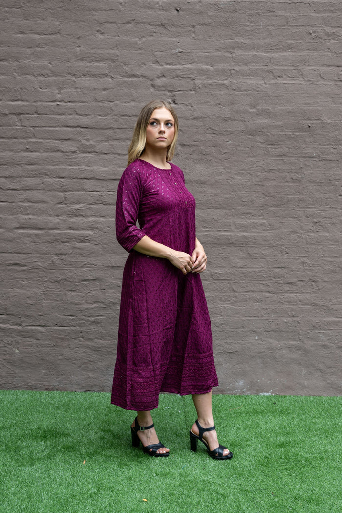 Cotton Georgette Embroidered Purple Wine Gown