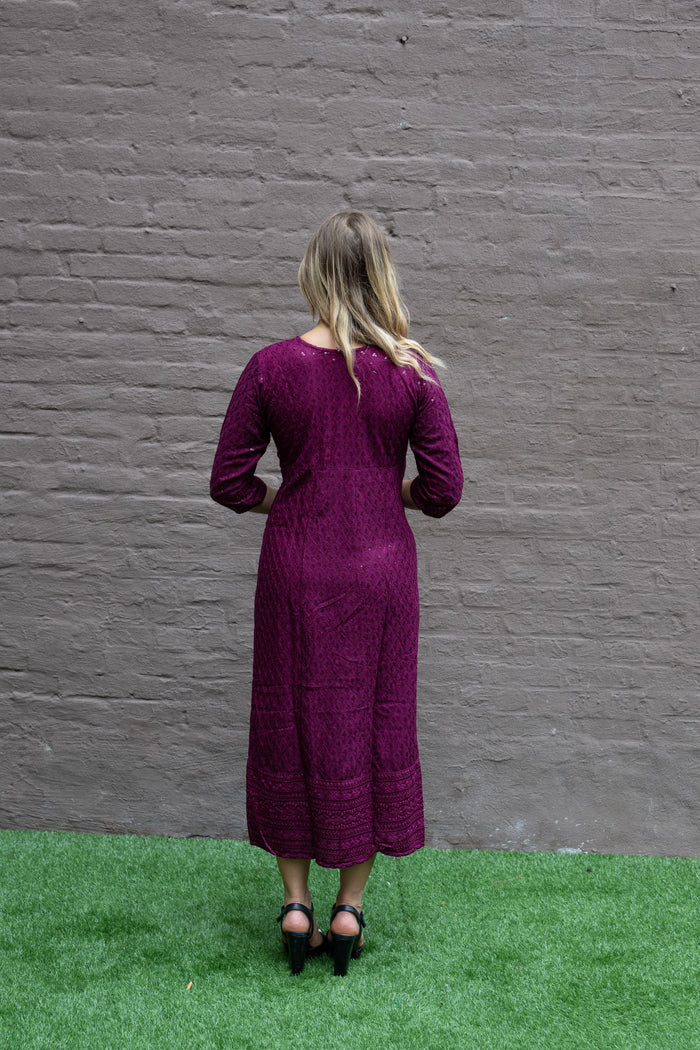 Cotton Georgette Embroidered Purple Wine Gown