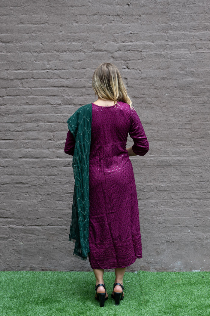 Cotton Georgette Embroidered Purple Wine Gown