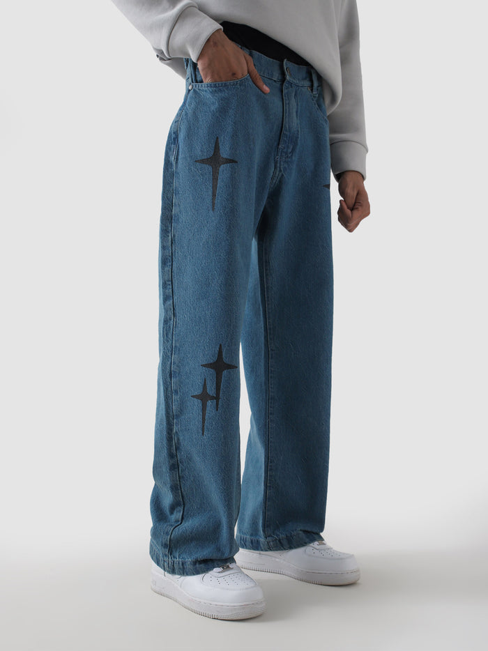Cross star blue denim male model back view graphic print Pakistan – GROOVY