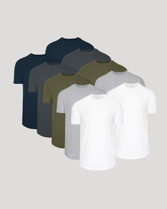 A set of ten men's crew neck t-shirts in classic colors including white, gray, olive green, charcoal, and navy, styled with a curved hem, Classic Curved Hem Crew Neck 10-Pack.