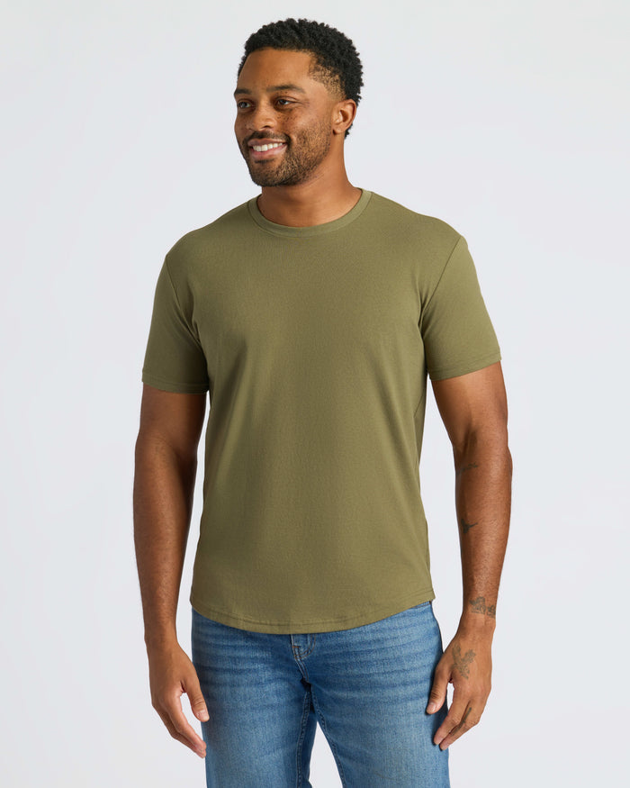 Military Green Curved Hem Classic Crew Neck on male model with tattoos.