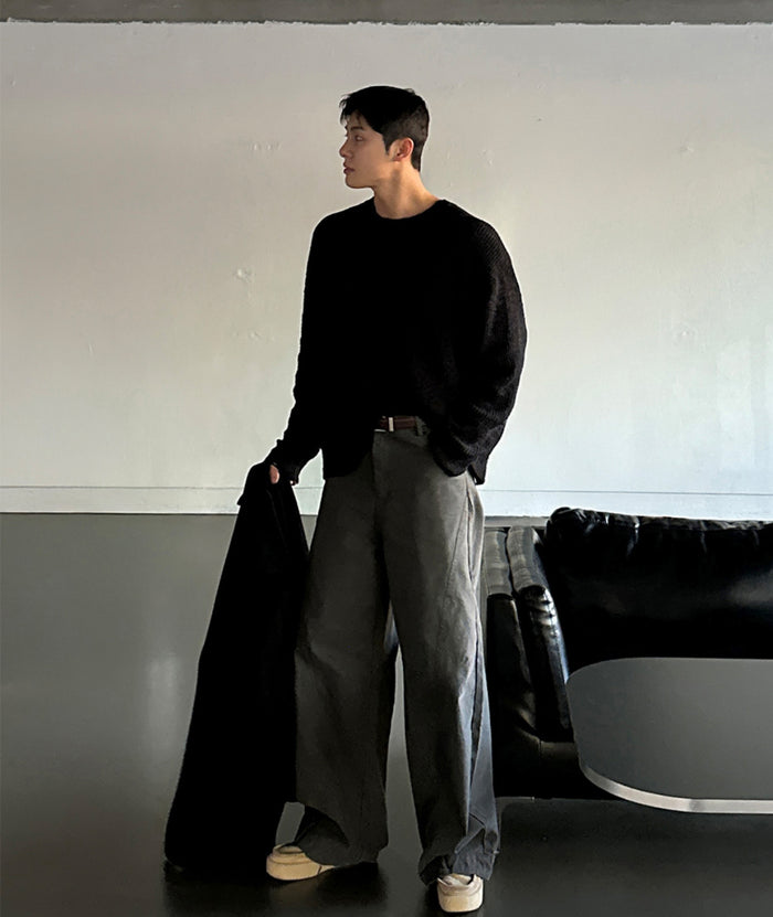 Curved Stitch Wide Pants - BEIGE / CHARCOAL / BLACK