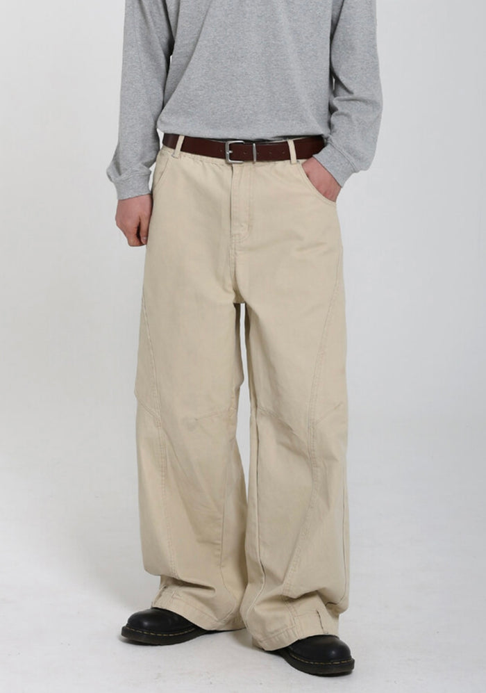 Curved Stitch Wide Pants - BEIGE / CHARCOAL / BLACK