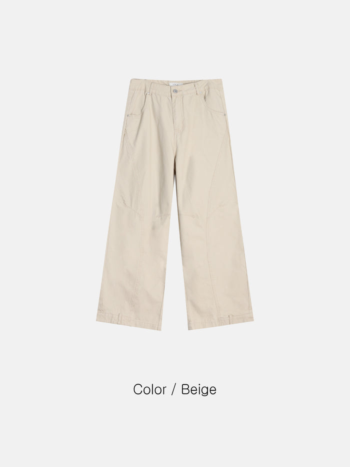 Curved Stitch Wide Pants - BEIGE / CHARCOAL / BLACK