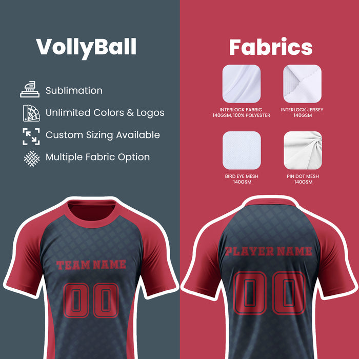 VollyBall sports jersey design with customization options on a dark gray and red background.