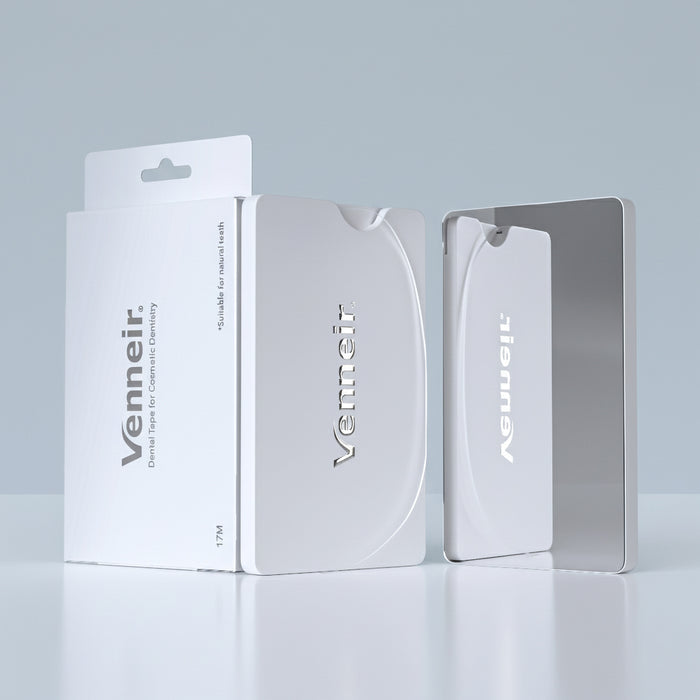 Premium dental floss tape with mirror reflection showing multiple angles on grey background