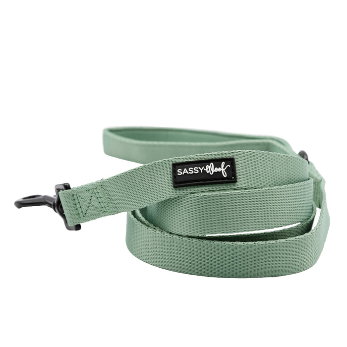 The Sassy Woof Dog Two Piece Bundle in sage, shown coiled on a white background, includes a leash with a black metal clasp and a black label reading SASSY Woof in white. Perfect for dog accessories.