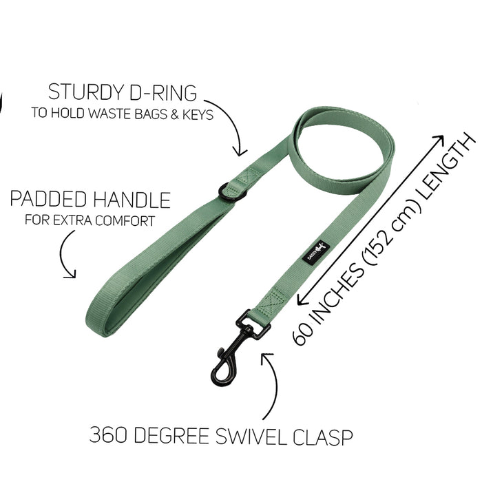 The Sassy Woof Dog Two Piece Bundle - Sage features a 60-inch sage green leash with padded handle, sturdy D-ring, and 360° swivel clasp—clearly labeled features that make it an essential pairing with your favorite dog harness.