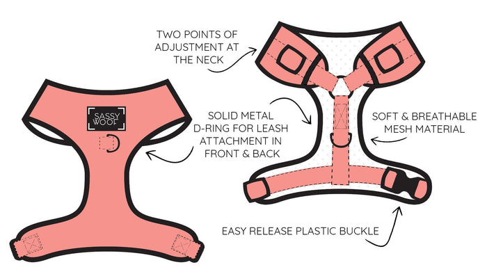 The Sassy Woof Dog Two Piece Bundle - Peanuts™ Beagle Scouts includes an illustrated pink Snoopy harness with two neck adjustments, solid metal D-rings, breathable mesh, and an easy-release buckle.