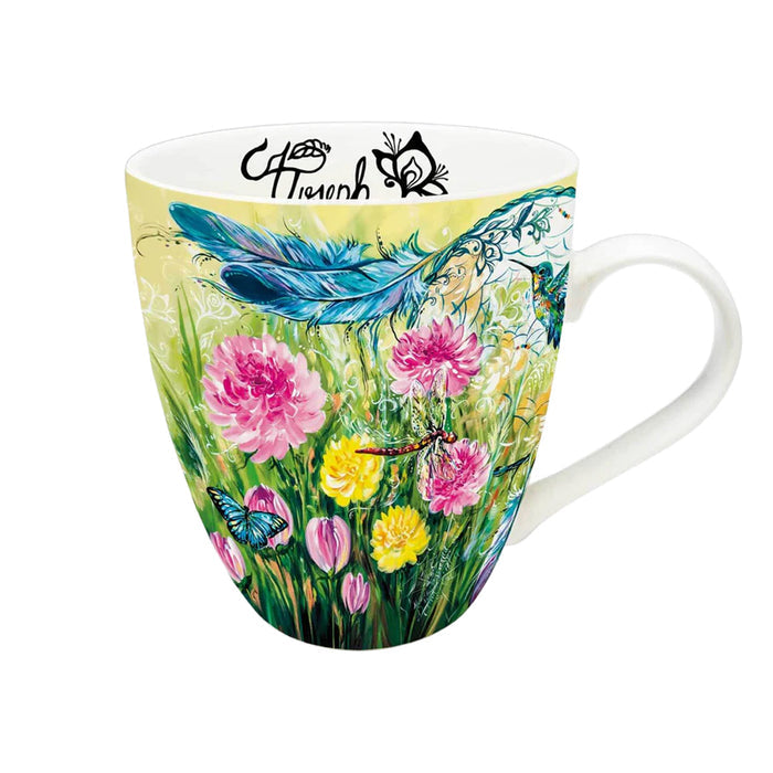 Mug with fairy and floral design on a white background