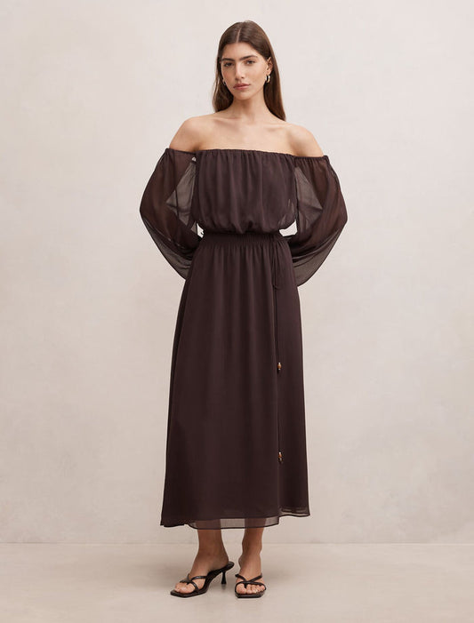 Elodie Off Shoulder Midi Dress Dark Chocolate Forever New
