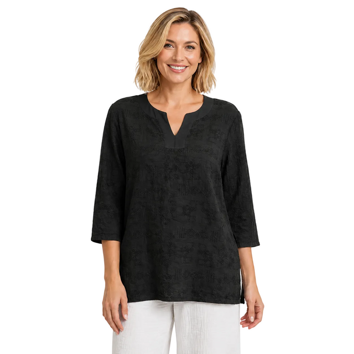 Embroidered Cotton Voile Top in Black - C630-BLK