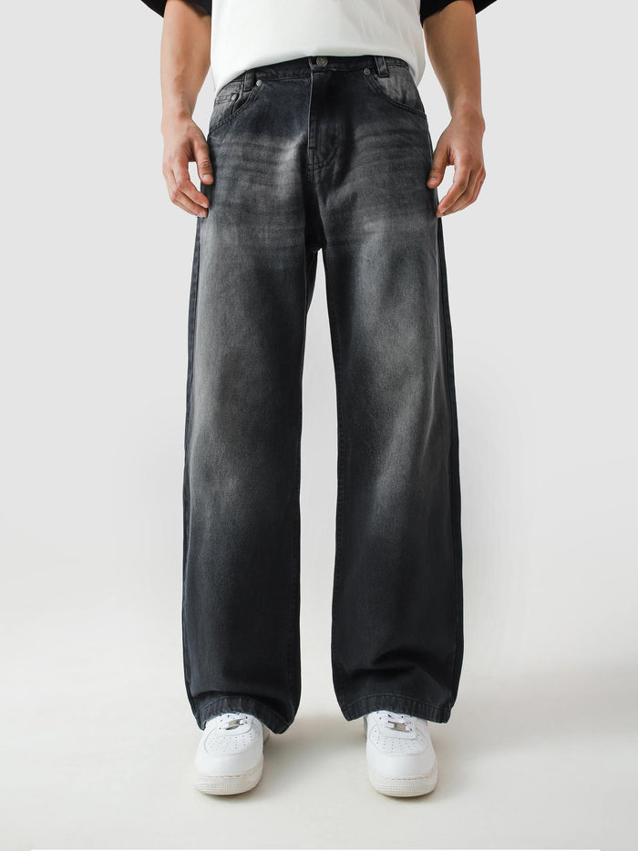 Fade washed denim baggy jeans male model front view Pakistan – GROOVY