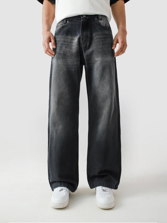 Fade washed denim baggy jeans male model front view Pakistan – GROOVY
