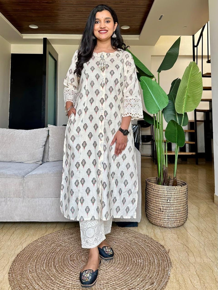 Fancy A-line Kurta- Off White Booti