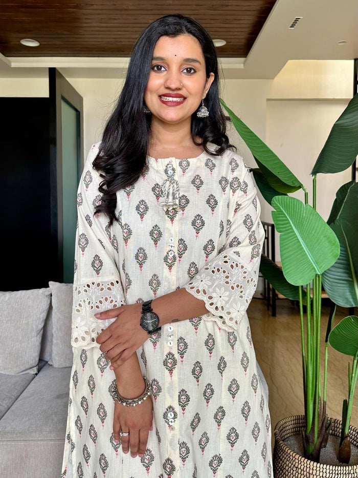 Fancy A-line Kurta- Off White Booti
