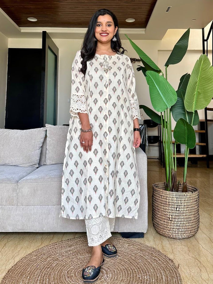 Fancy A-line Kurta- Off White Booti
