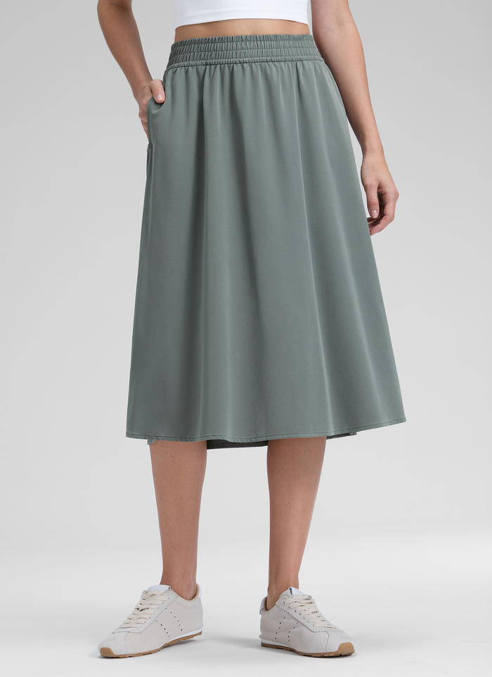 CRZ YOGA Women's Causal High Rise A line Flowy Midi Pocket Skirts Grey Sage