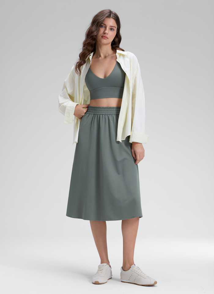 CRZ YOGA Women's Causal High Rise A line Flowy Midi Pocket Skirts Grey Sage