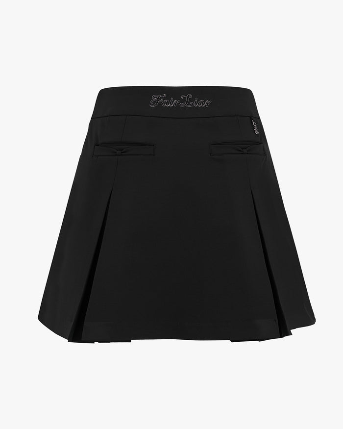 Front Ribbon Belt Wide Pleated Skirt (Black)