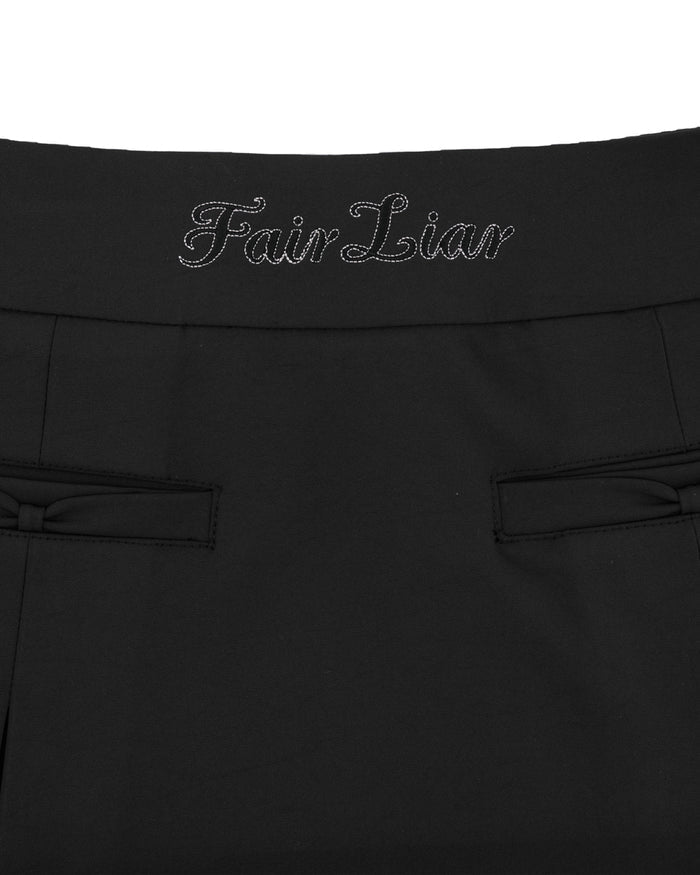 Front Ribbon Belt Wide Pleated Skirt (Black)