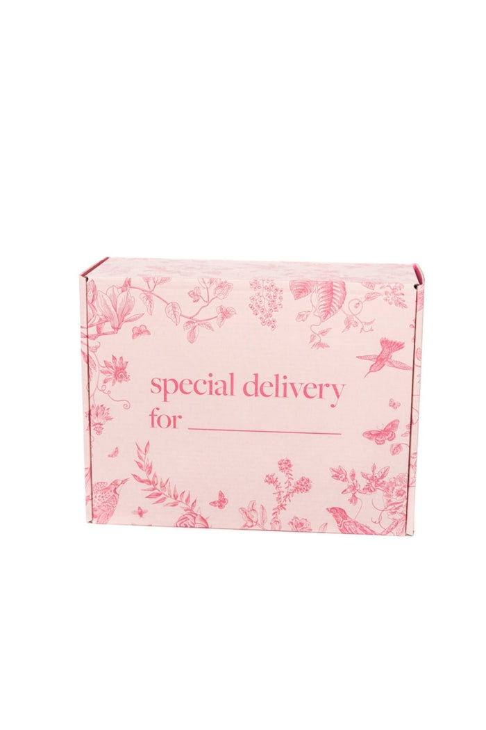 A pink Gift Box by Ivy City Co, adorned with floral and bird patterns and featuring the words special delivery for ____ on the front—an elegant personalized gift box perfect for any occasion.