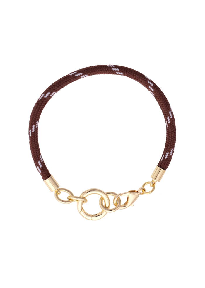 Brown paracord charm bracelet base with a gold clasp on a white background