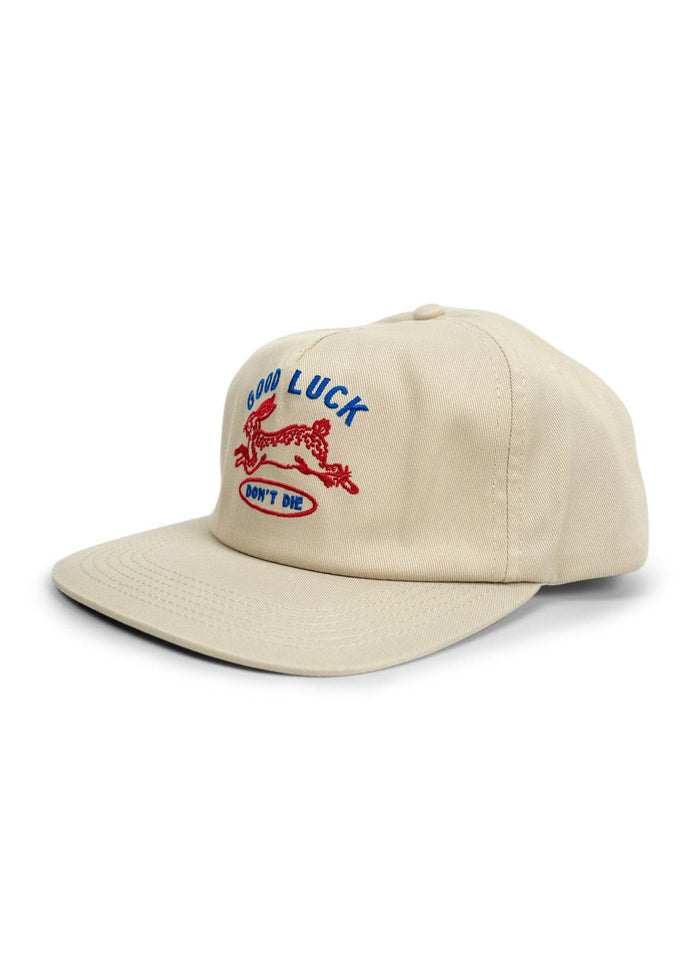 Tan cotton twill hat with direct embroidery and leather adjustable strap, classic cap with durable construction