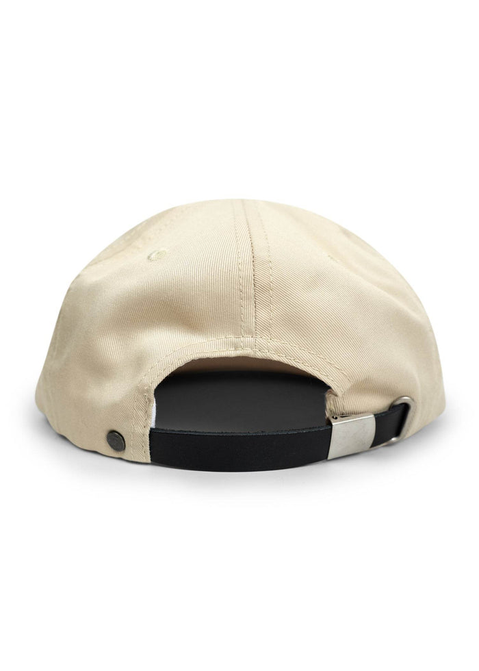 Tan cotton twill hat with direct embroidery and leather adjustable strap, classic cap with durable construction