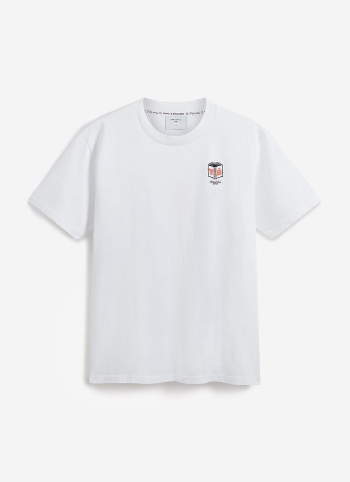 The Percival Greatest Bookshop T-shirt in white organic cotton, laid flat to show the detailed book embroidery on the chest.