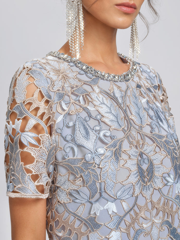 Guipure Lace Cutwork Rhinestone Straight Dress