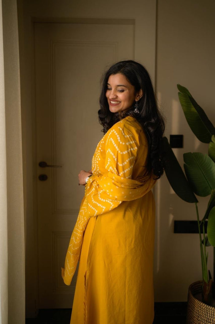 Gulzar Premium Bandhej Cotton Suit- Yellow