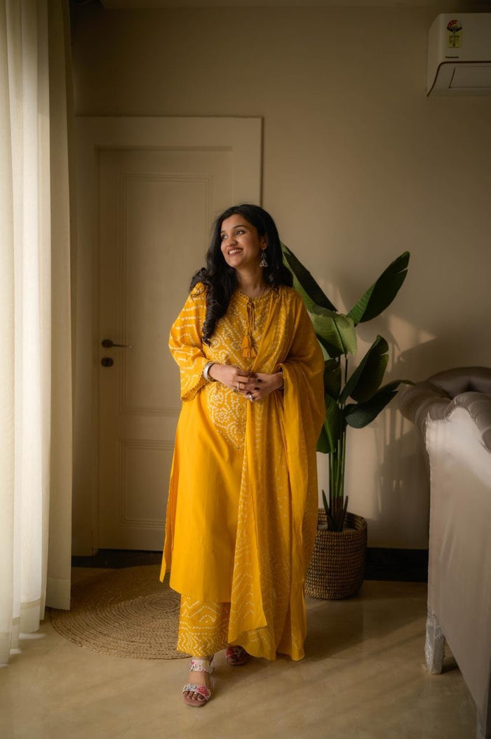 Gulzar Premium Bandhej Cotton Suit- Yellow