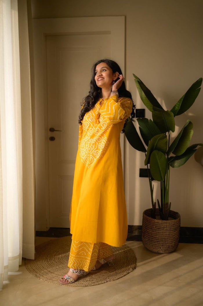 Gulzar Premium Bandhej Cotton Suit- Yellow