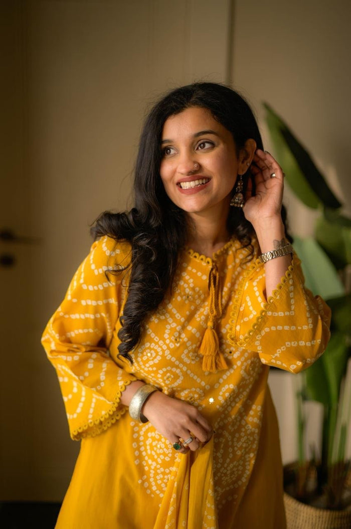 Gulzar Premium Bandhej Cotton Suit- Yellow