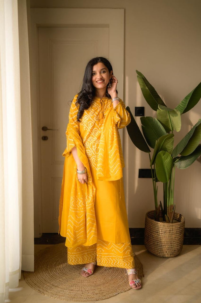 Gulzar Premium Bandhej Cotton Suit- Yellow