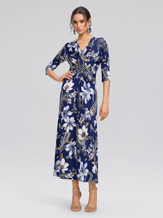 Ice-Silk Knit Beaded-Waist Floral Paisley Dress
