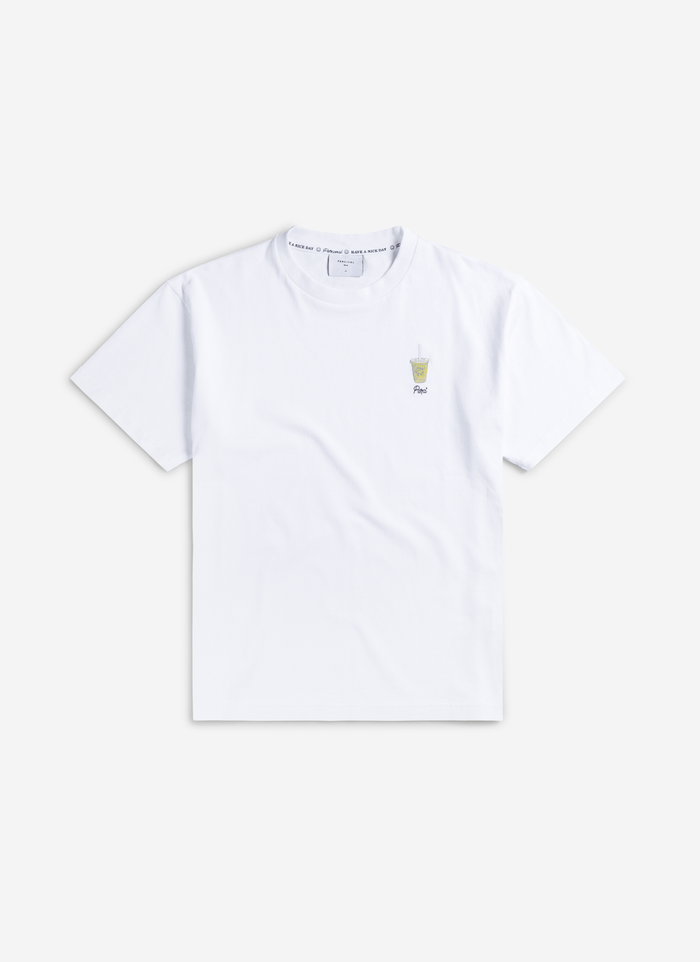 The Percival Iced Matcha oversized t-shirt in white, laid flat to show the embroidered matcha graphic on the chest.