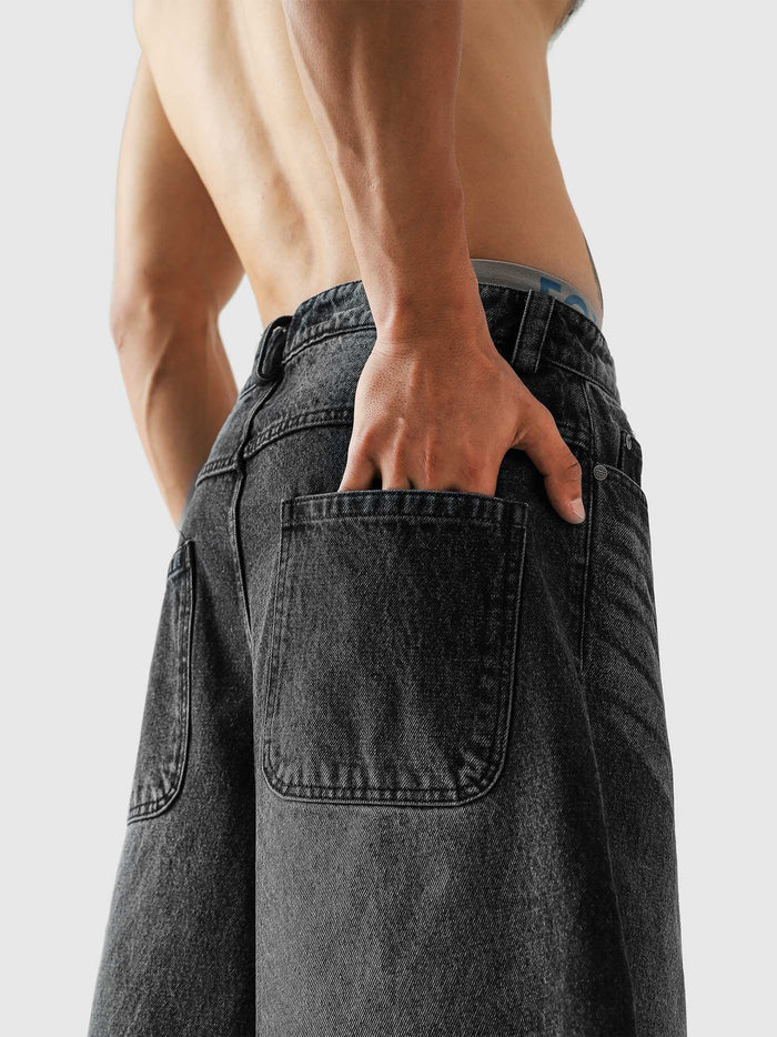 Jorts hard washed grey denim shorts male model back view Pakistan – GROOVY