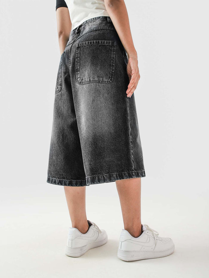 Jorts hard washed grey denim shorts female model back view Pakistan – GROOVY