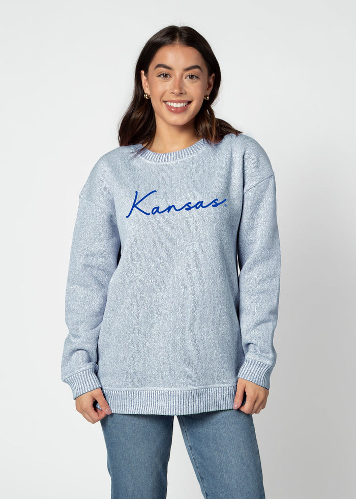 Kansas Jayhawks Women's Ink Relaxed, straight Yarn-dyed brushed fleece Sweatshirt with the look of sweater, the touch of a blanket, crew neckline and ribbed neck, cuffs and hem