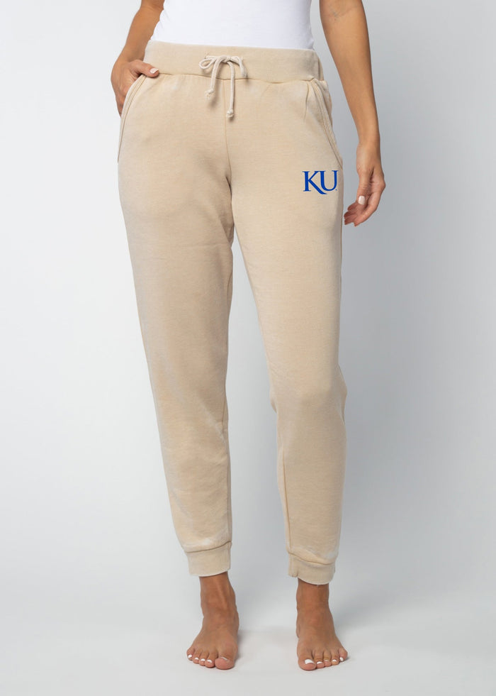 Kansas Jayhawks Women's Oatmeal Mid-rise, slim fit, tapered leg Burnout fleece Joggers with Drawstring waistband, side pockets and tapered legs with rub cuffs