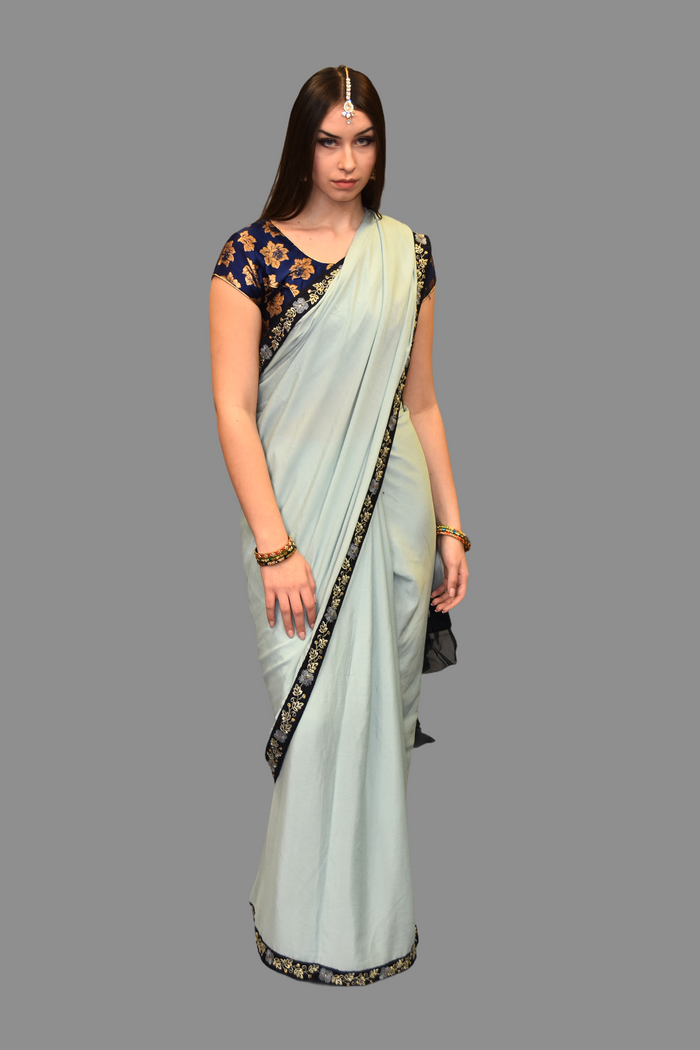 Light Sky Blue Georgette Chiffon  With Contrast Navy Blue Border Saree