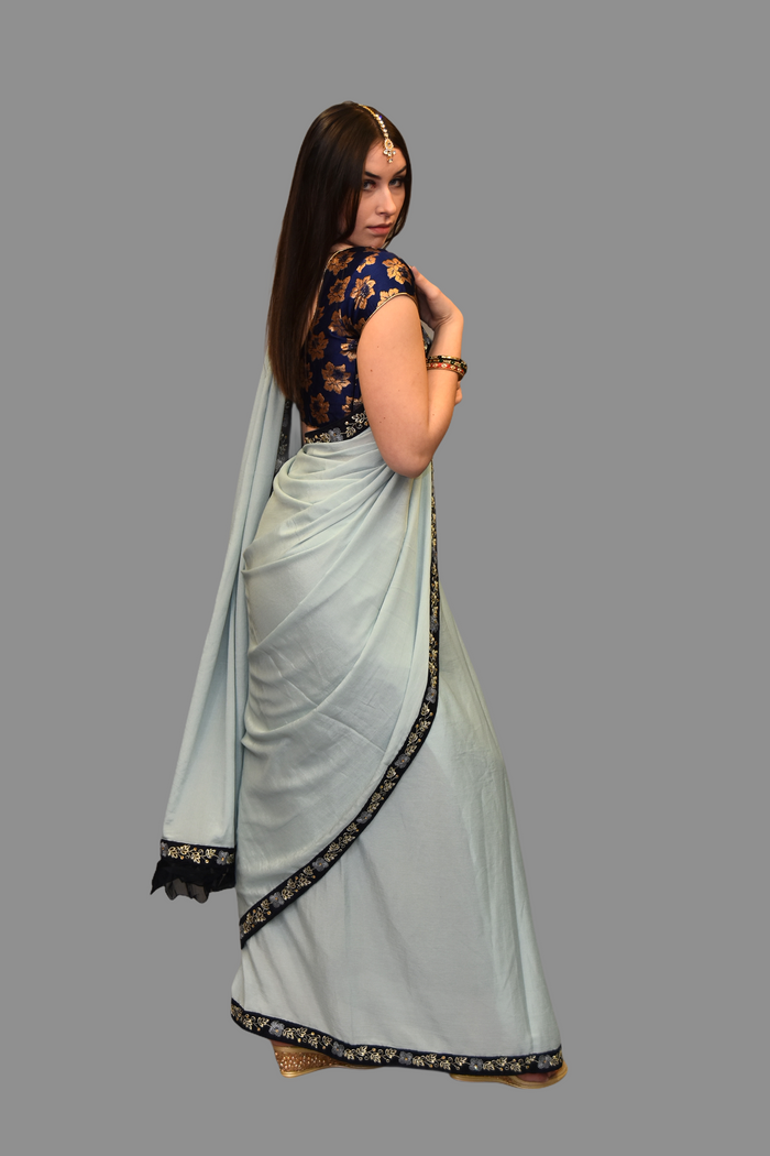 Light Sky Blue Georgette Chiffon  With Contrast Navy Blue Border Saree