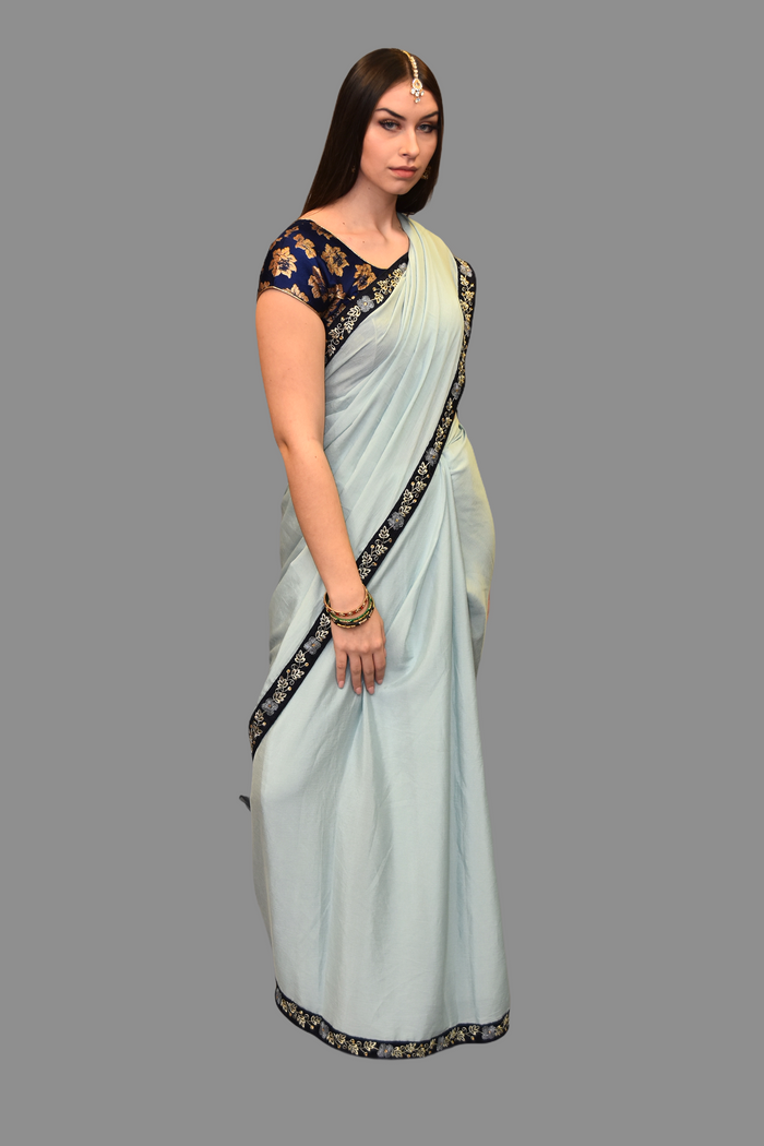 Light Sky Blue Georgette Chiffon  With Contrast Navy Blue Border Saree