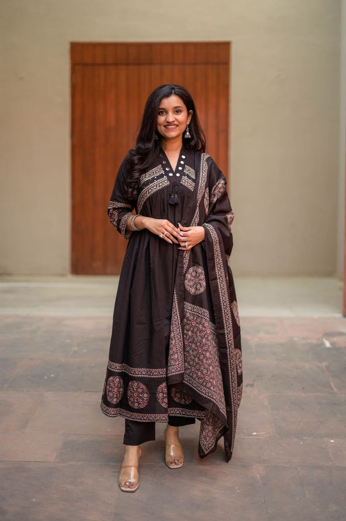 Liya Flared Ajrakh Cotton Set- Black
