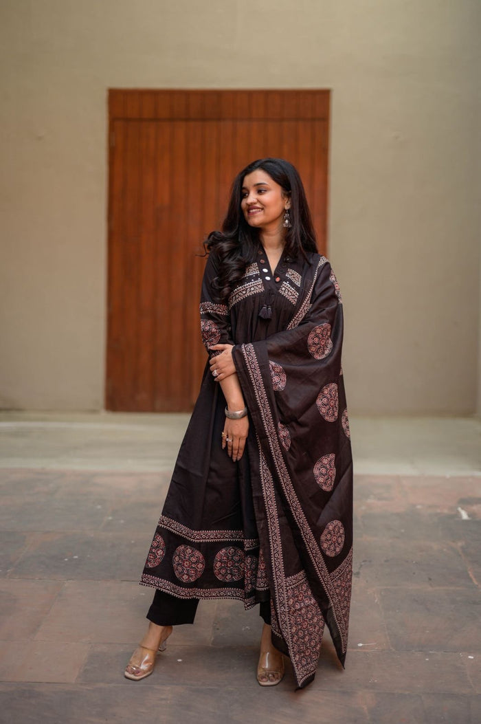 Liya Flared Ajrakh Cotton Set- Black