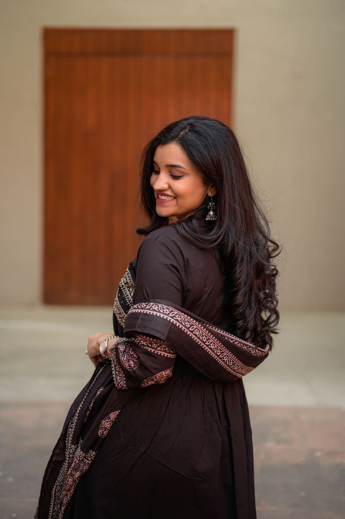 Liya Flared Ajrakh Cotton Set- Black